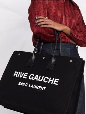 YVES SAINT LAURENT Rive Gauche Canvas Block Logo Leather Handle YSL Book Tote